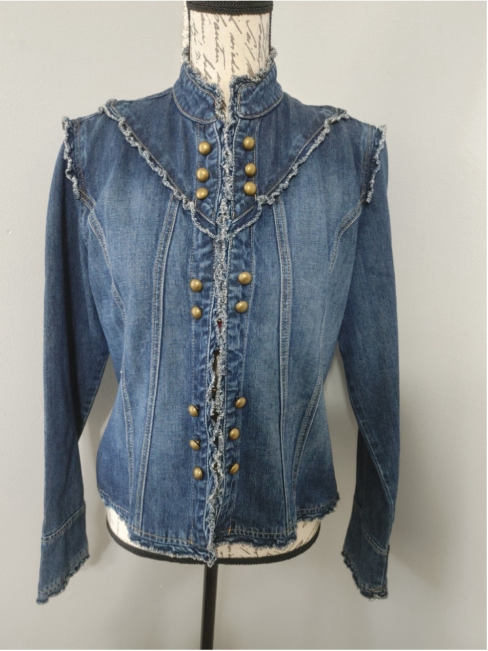 Women's Vintage Star Jeans Denim Jacket Large Blue Gold Button Up Raw Edge Lg